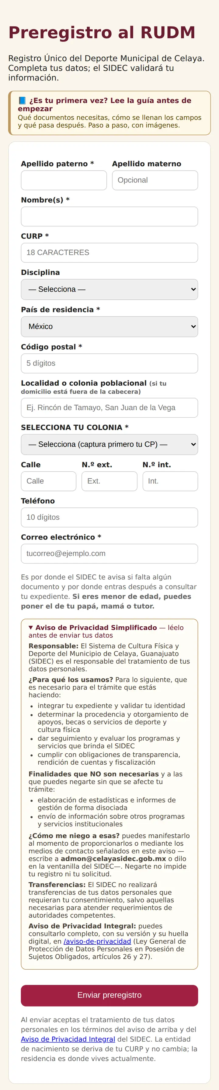 Pantalla de preregistro