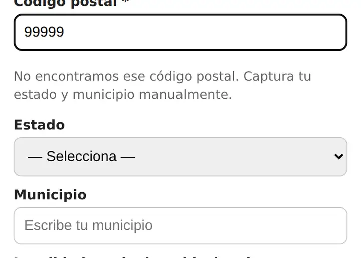 Código postal no encontrado