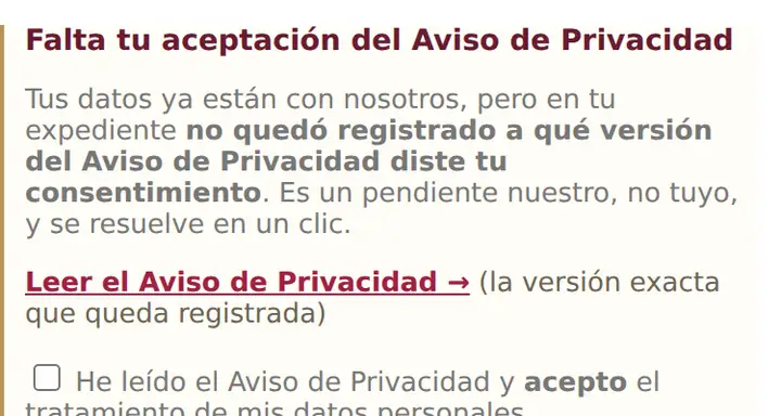 Recuadro para aceptar el Aviso de Privacidad